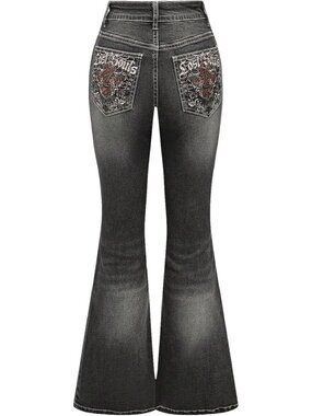 Women's Black Denim Pant Pull On Y2k Goth High Waist Mid Rise Bell Bottom Jeans